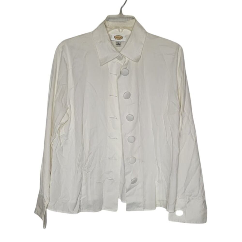 Talbots Large Buttons 16 White Ribbed Blouse Long Sleeve Cotton Blouse Top